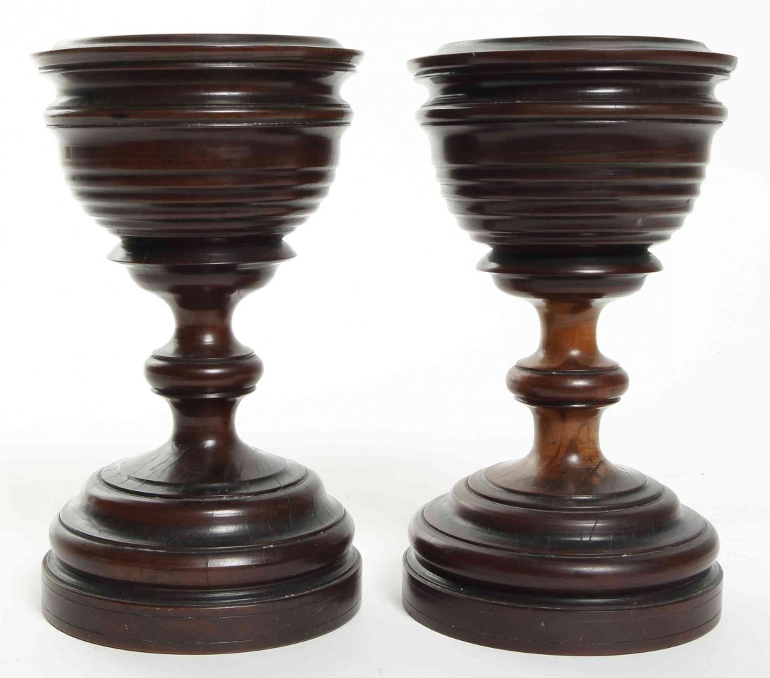 A Pair of Turned Hardwood Urns, Height 8 1/2 inches.: A Pair of Turned Hardwood Urns, each of chalice form with ring decoration. Height 8 1/2 inches.
