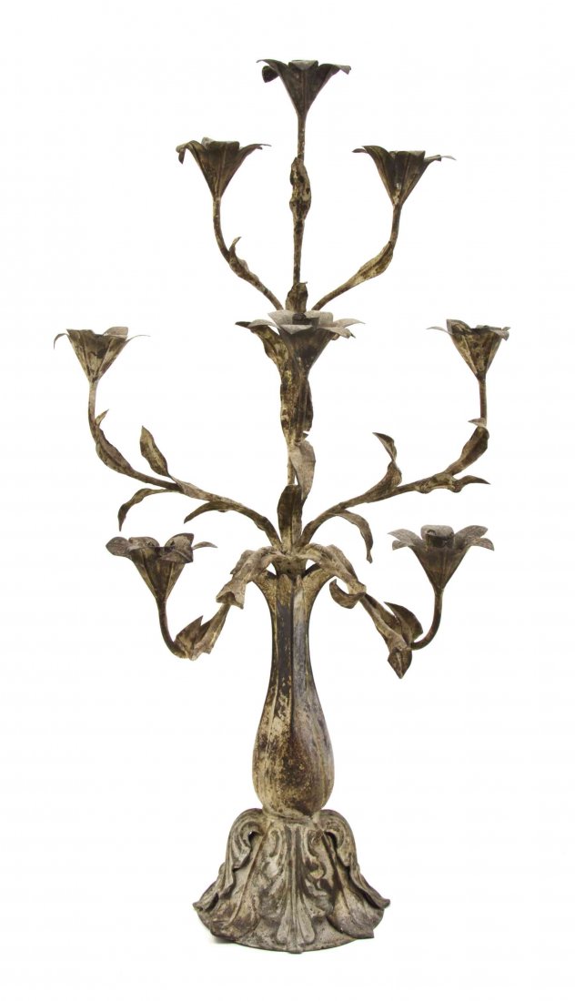 A Tole Eight-Light Candelabrum, Height 28 3/4 inches.: A Tole Eight-Light Candelabrum, of floral form, raised on a circular base. Height 28 3/4 inches.