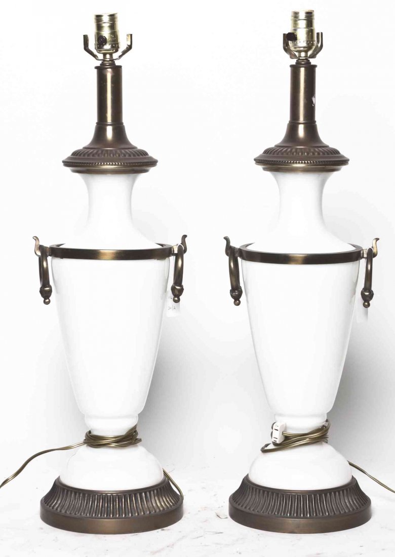 A Pair of Opaline Glass Lamps, Height 27 1/2 inches.: A Pair of Opaline Glass Lamps, 20th century, with gilt metal mounts. Height 27 1/2 inches. Property from the Estate and Trust of Elise Reeder Olton, Boca Raton, Florida