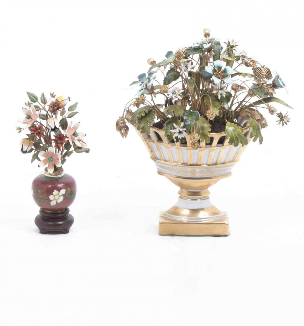 Two Decorative Floral Articles, Height of taller 7 1/2: Two Decorative Floral Articles, comprising a Jane Hutcheson, circa 1979, enamel and beaded floral spray set in a gilt porcelain urn and an unmarked example with multi-colored flower bouquet in cloison