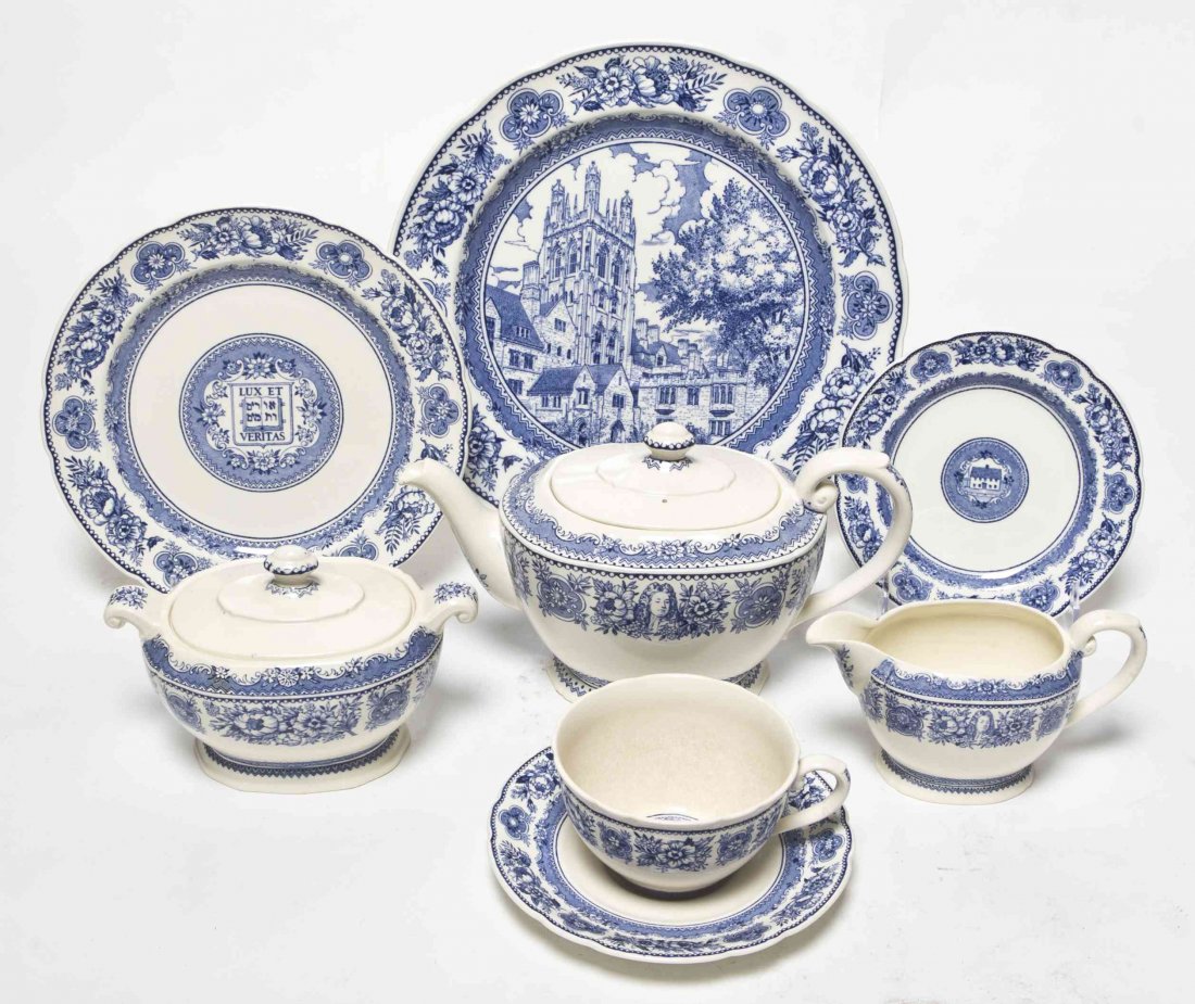 A Wedgwood Porcelain Partial Service, Diameter of: A Wedgwood Porcelain Partial Service, comprising 12 dinner plates, 8 dessert plates, 12 bread plates, 7 teacups, 10 saucers, a teapot, a covered sugar and a creamer; 52 items total. Diameter of dinner