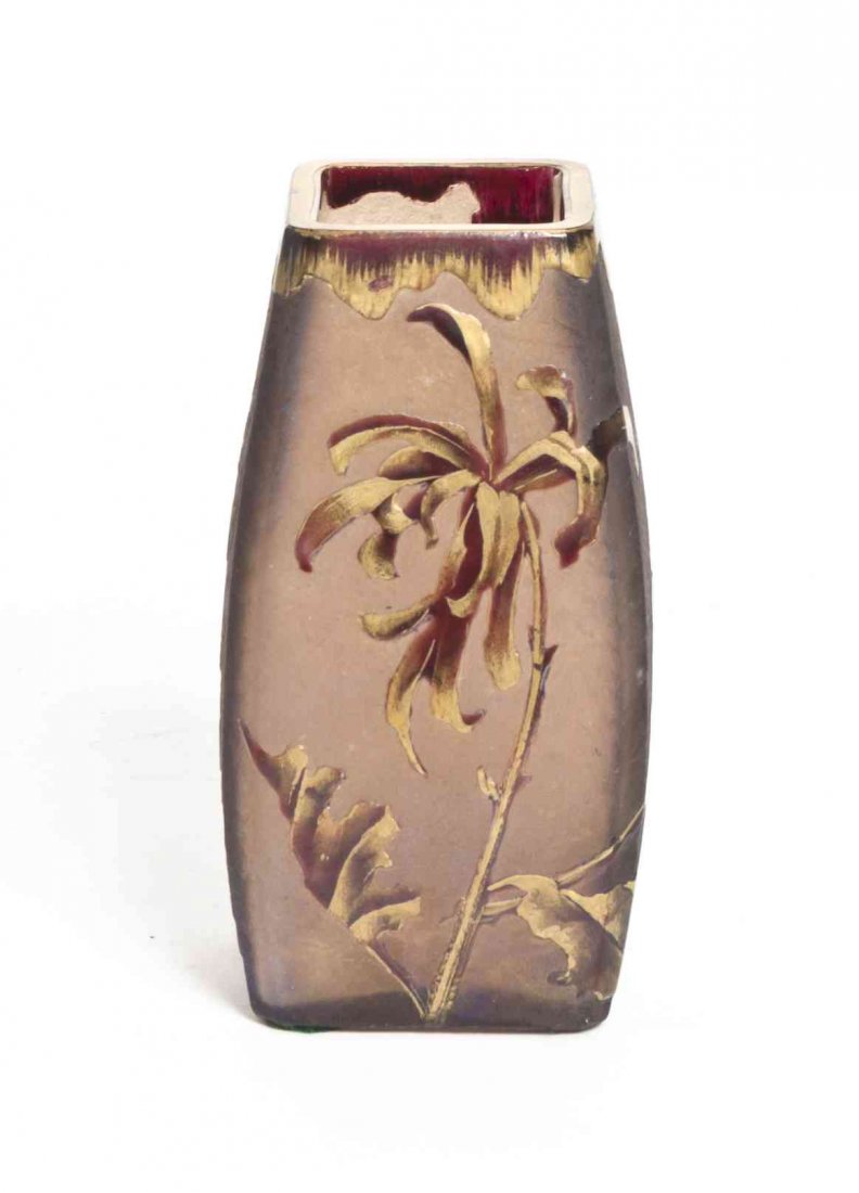 A French Cameo Glass Vase, Height 5 1/2 inches.: A French Cameo Glass Vase, of square tapering form with enameled floral decoration throughout, unsigned. Height 5 1/2 inches.