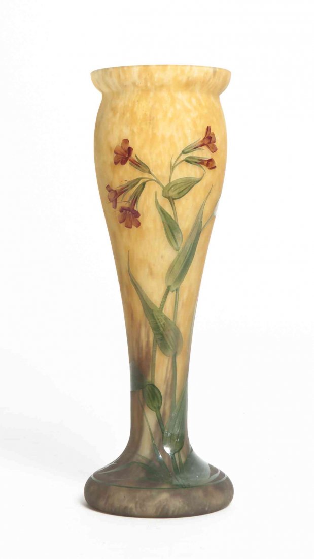 A French Mottled Glass Vase, in the style of Daum,: A French Mottled Glass Vase, in the style of Daum, of tapering form with a yellow to brown mottled ground, having painted floral decoration throughout, raised on a circular foot, signed Mado Nancy. H