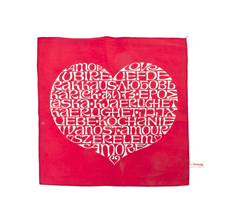 An Alexander Girard Fabric Panel, for Herman Miller,: An Alexander Girard Fabric Panel, for Herman Miller, International Love Heart, depicting a heart with the word love written in multiple languages. Height 15 3/8 x width 15 3/8 inches.