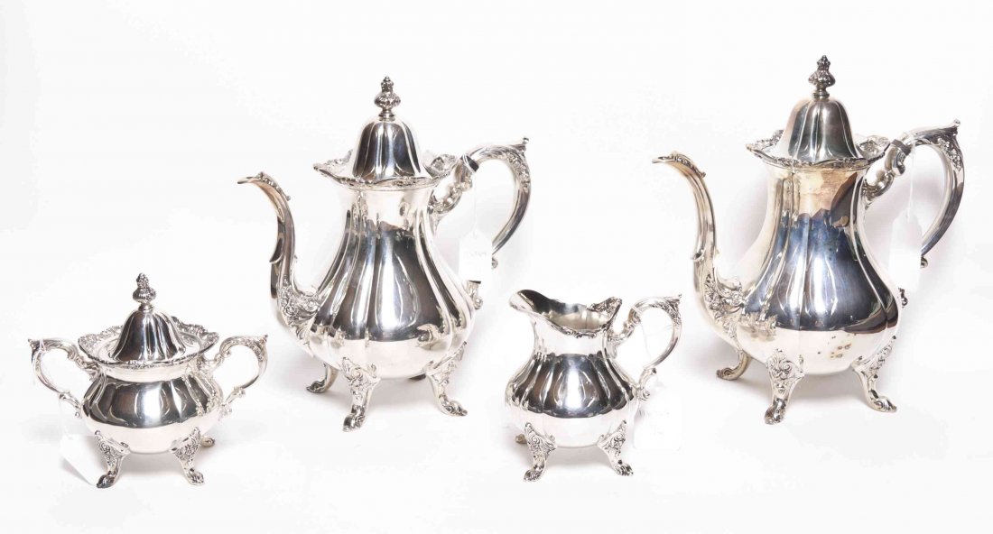 An American Silver-Plate Four Piece Tea and Coffee Set,: An American Silver-Plate Four Piece Tea and Coffee Set, Wallace Silversmiths, Wallingford, CT, Mid 20th Century, comprising teapot, coffee pot, creamer, and covered sugar bowl, each of paneled baluste