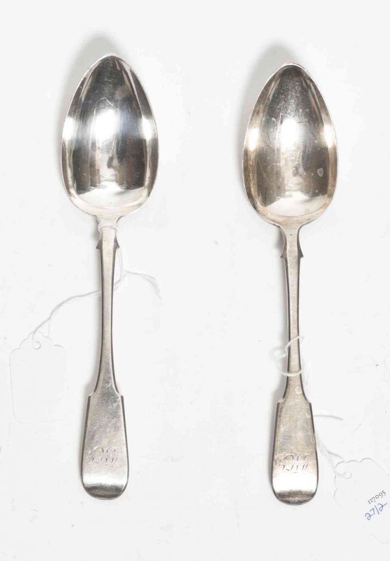 A Pair of Silver Tablespoons, Length 8 5/8 inches.: A Pair of Silver Tablespoons, Possibly Dutch, the handles with rounded turned-down fiddle handle, engraved with monogram JMF, reserve of handle with maker's mark PB and lion passant; 4 ozt 7 dwt.