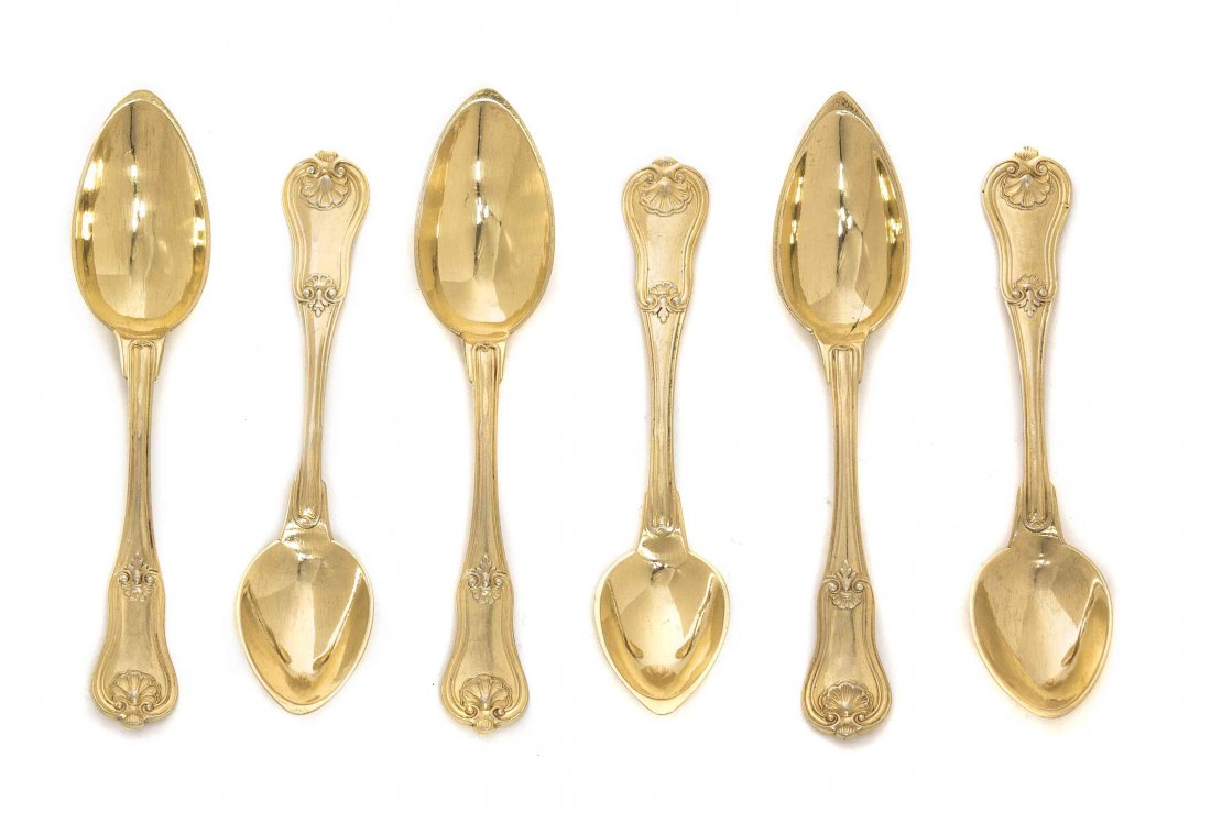 A Set of Six French Silver-Gilt Teaspoons, Paris,: A Set of Six French Silver-Gilt Teaspoons, Paris, Hourglass pattern, two by Christofle, four with maker's mark EE a scale between and bee below; 5 ozt 2dwt.