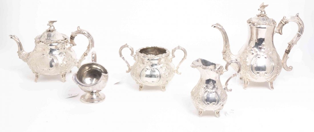 An English Silver-Plate Tea and Coffee Service, Mappin: An English Silver-Plate Tea and Coffee Service, Mappin & Webb, late 19th century, Prince Plate, each with ovoid bodies and Rococo floral cartouches, shell rims and bird form finials, comprising a teap