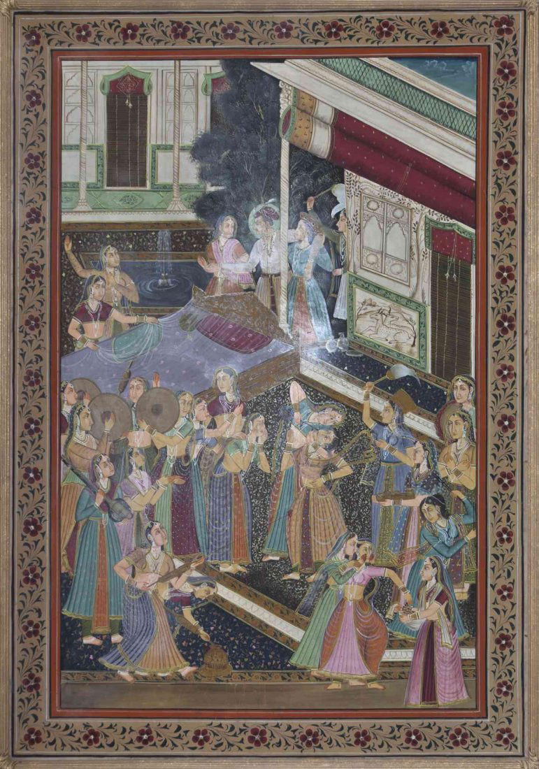 An Indian Pichwai Painting on Fabric, Height 64 x width: An Indian Pichwai Painting on Fabric, depicting various figures in a courtyard setting. Height 64 x width 44 1/4 inches. Property from the Estate of David and Sally Haase, Peoria, Illinois