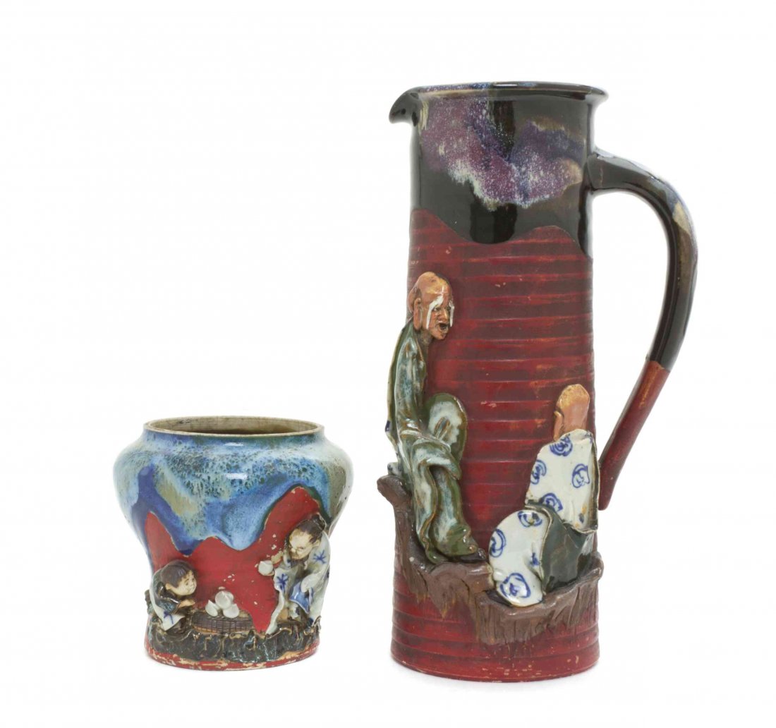 Two Japanese Ceramic Articles, Banko Sumida, Height of: Two Japanese Ceramic Articles, Banko Sumida, comprising a ewer and a bulbous pu ware vase, along with four ceramic articles, comprising a bowl with foliate decoration and a scalloped edge, a bowl with