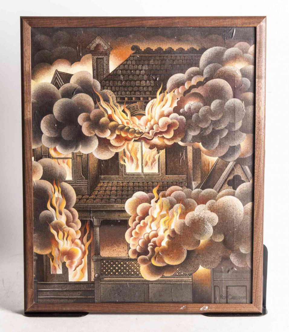 Roy Carruthers, (South African, b. 1938), Victorian: Roy Carruthers (South African, b. 1938) Victorian House Fire oil on canvas signed Roy Carruthers (lower right) 21 x 17 inches.