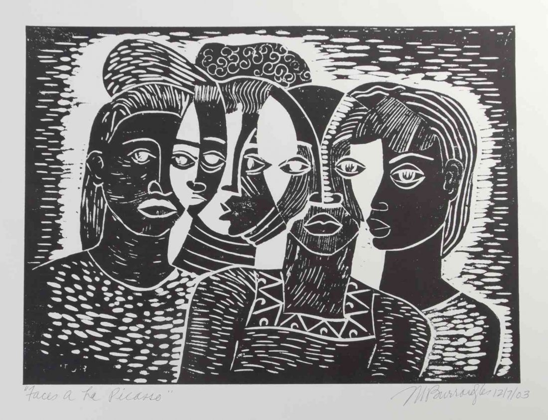 Margaret Taylor Goss Burroughs, (American, b. 1917),: Margaret Taylor Goss Burroughs (American, b. 1917) Faces a la Picasso, 2003 linocut signed M. Burroughs, titled and dated (lower right) 14 1/4 x 19 1/2 inches. Property from the Colle