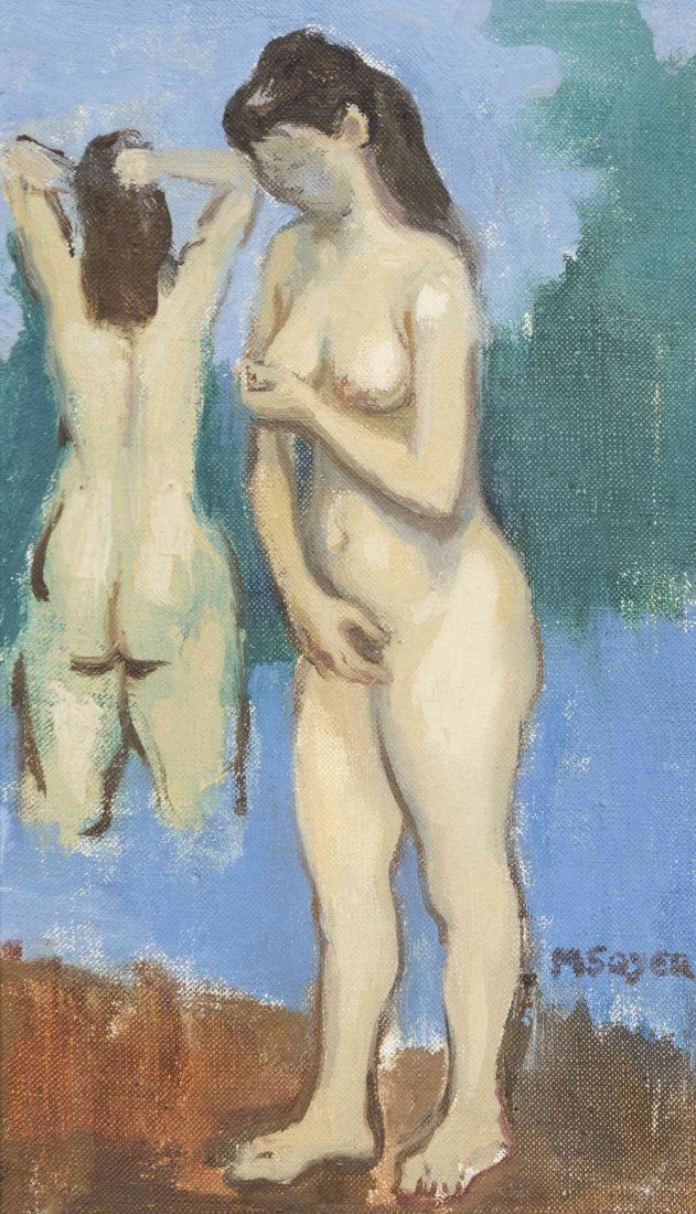 Moses Soyer, (American, 1899-1974), Two Female Nudes: Moses Soyer (American, 1899-1974) Two Female Nudes oil on canvasboard signed M. Soyer (lower right) 11 x 6 1/2 inches. Provenance: Village Gallery, Crouton on Hudson, New York<