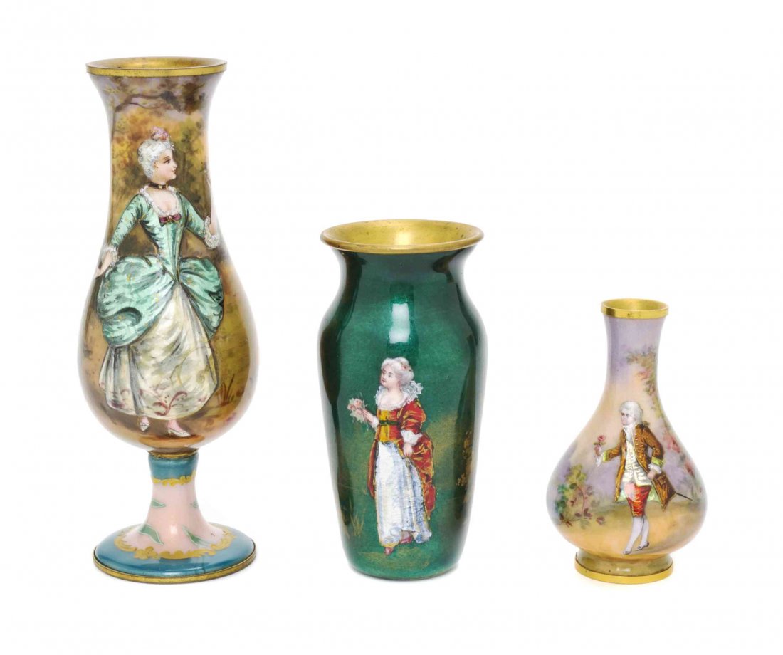 Three French Enamel on Copper Vases, Height of tallest: Three French Enamel on Copper Vases, each of varying baluster form and decorated with figures in landscapes. Height of tallest 5 1/2 inches. Property from the Estate of Edsel and Dolores Safron, Town 