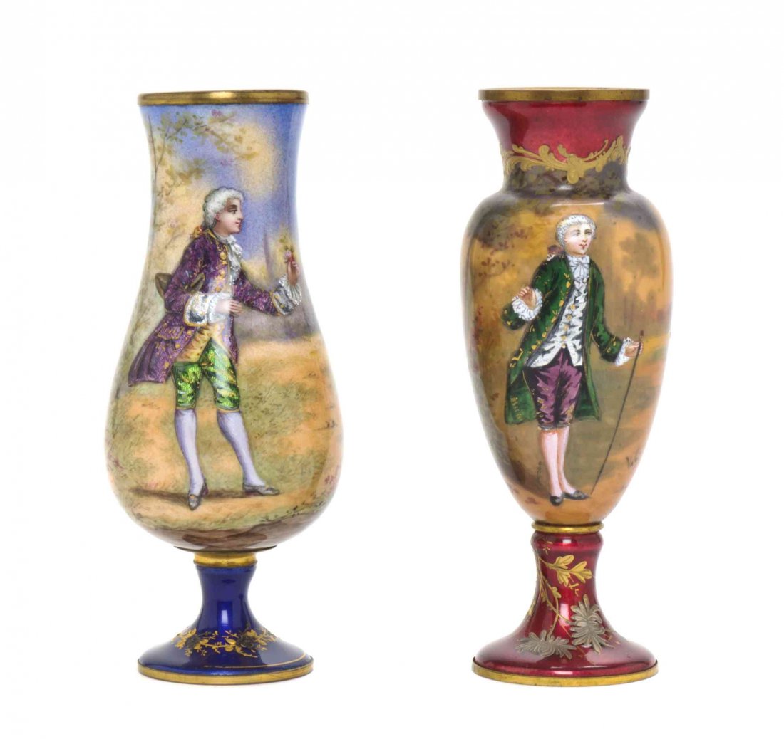 Two French Enamel on Copper Vases, Height of taller 4: Two French Enamel on Copper Vases, each of baluster form and decorated with a gentleman in a landscape. Height of taller 4 5/8 inches. Property from the Estate of Edsel and Dolores Safron, Town and Co