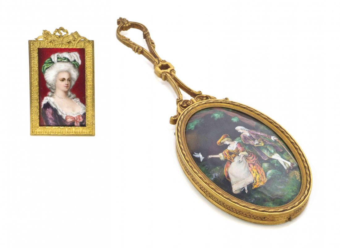 Two French Enameled Articles, Height of taller 10 1/4 x: Two French Enameled Articles, comprising a portrait and a hand mirror decorated with a courting couple. Height of taller 10 1/4 x width 3 1/4 inches. Property from the Estate of Edsel and Dolores Safr