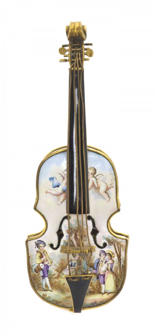 A Viennese Enameled Model of a Violin, Height 5 1/4: A Viennese Enameled Model of a Violin, likely formerly fitted with a clock, having figural and landscape decoration throughout. Height 5 1/4 inches. Property from the Estate of Edsel and Dolores Safro