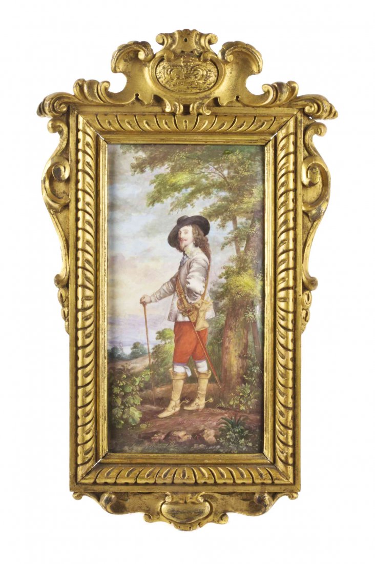 A French Enamel on Copper Plaque, Height 10 3/4 x width: A French Enamel on Copper Plaque, AFTER ANTHONY VAN DYCK (FLEMISH, 1599-1641), depicting Charles I in a landscape, set in a giltwood frame. Height 10 3/4 x width 5 1/2 inches. Property from the Estate