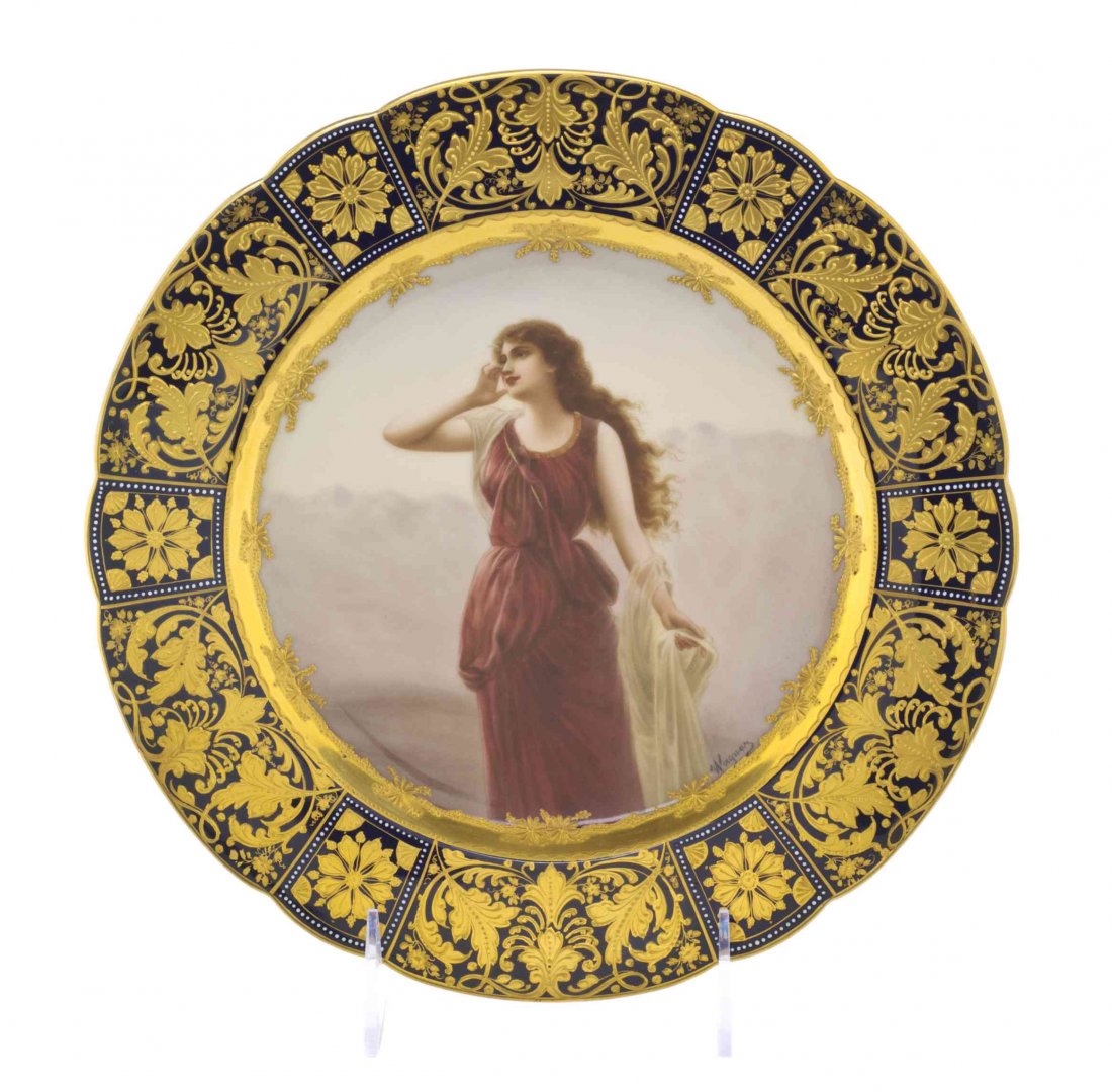 A Royal Vienna Cabinet Plate, Diameter 9 3/4 inches.: A Royal Vienna Cabinet Plate, Echo, depicting the figure within a gilt decorated cobalt border, signed Wagner. Diameter 9 3/4 inches. Property from the Estate of Edsel and Dolores Safron, Town and Cou