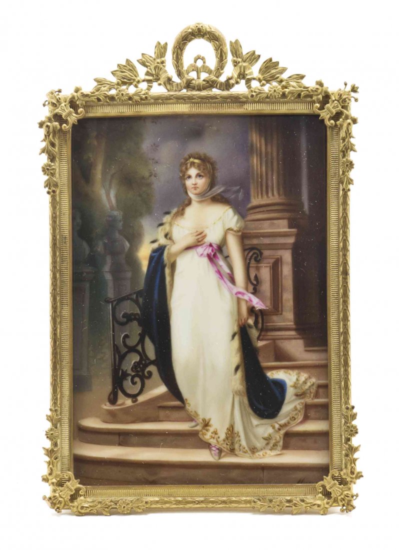 A German Porcelain Plaque, Height 5 1/4 x width 3 3/4: A German Porcelain Plaque, AFTER GUSTAV RICHTER (GERMAN, 1823-1884), depicting Queen Louise of Prussia descending stairs, set in a gilt bronze frame. Height 5 1/4 x width 3 3/4 inches. Property from t