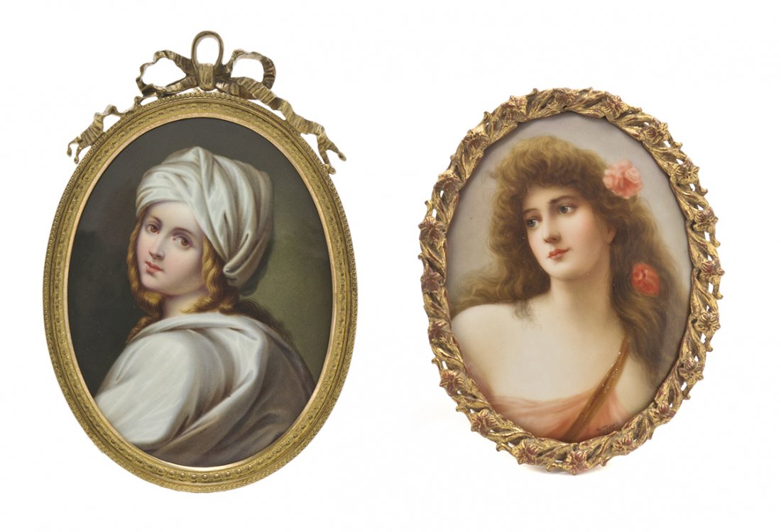 Two German Porcelain Plaques, Height of larger 6 x: Two German Porcelain Plaques, each of oval form, comprising Beatrice Cenci after the painting attributed to Guido Reni and a portrait of maiden with floral blossoms in her hair signed Wagner, each wit