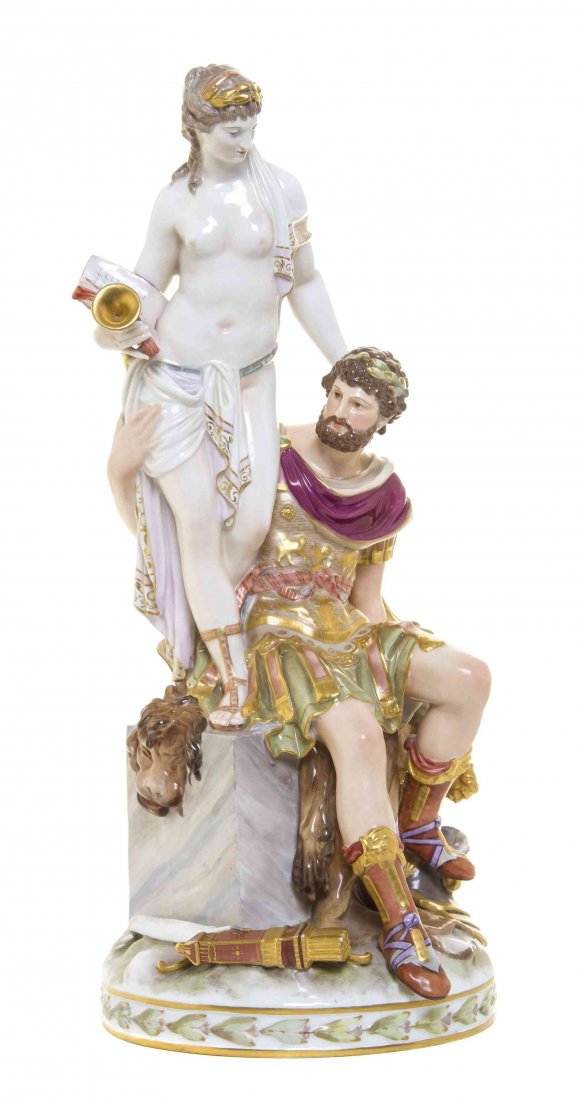 A Berlin (K.P.M.) Porcelain Mythological Figural Group,: A Berlin (K.P.M.) Porcelain Mythological Figural Group, Geschichte & Mars, emblematic of military history, depicting a seated god with a draped maiden standing over him, having underglaze blue scepter