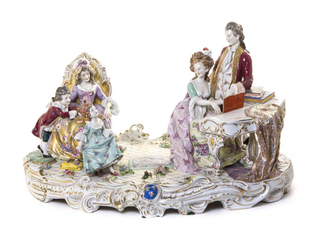 A German Porcelain Figural Group, Width 23 inches.: A German Porcelain Figural Group, depicting a gentleman and a lady playing the piano while a lady and two children look on, the base marked Germany. Width 23 inches. Property from the Estate of a Prom