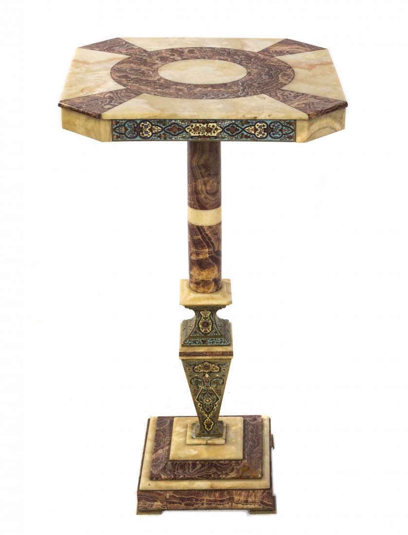 A Continental Onyx and Champleve Occasional Table,: A Continental Onyx and Champleve Occasional Table, having a square top with canted corners raised on a square baluster support, the champleve with stylized foliate motifs. Height 31 x width 17 3/4 x d