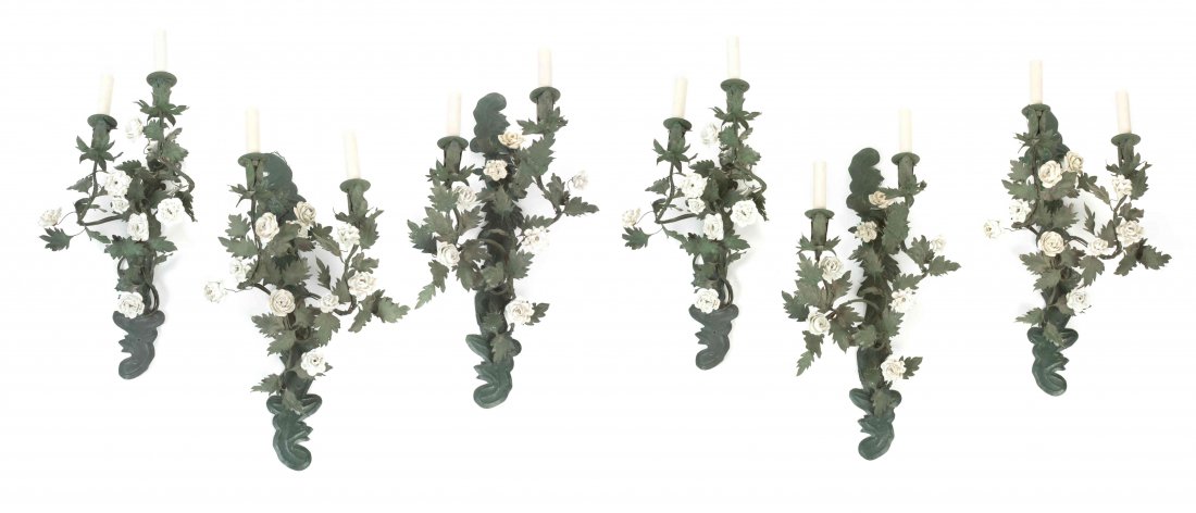 A Set of Six French Tole and Porcelain Two-Light: A Set of Six French Tole and Porcelain Two-Light Sconces, each having a scrolling backplate issuing the blooming rose branch form candle arms. Height 23 inches.