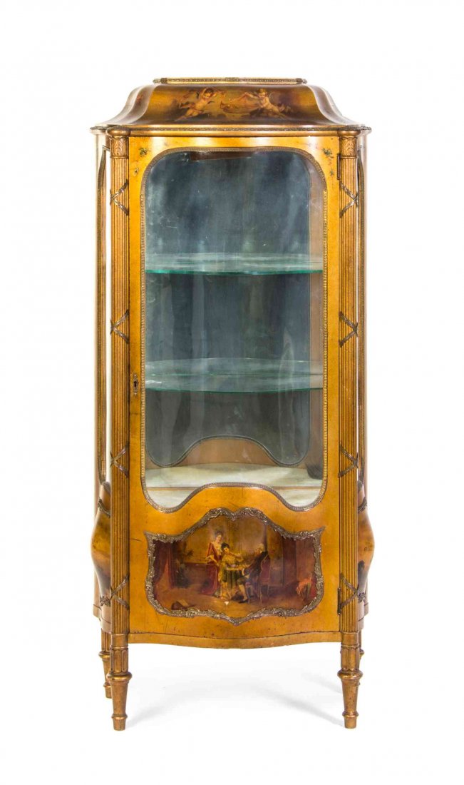 A Louis XVI Style Vernis Martin Decorated Vitrine,: A Louis XVI Style Vernis Martin Decorated Vitrine, having a domed cornice over the glazed sides and door opening to shelves interior, with figural decoration, the whole raised on turned tapering legs.