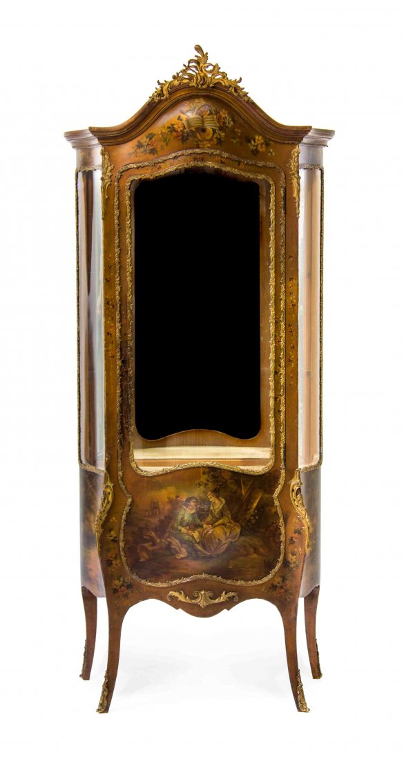 A Louis XV Style Gilt Metal Mounted Vernis Martin: A Louis XV Style Gilt Metal Mounted Vernis Martin Decorated Vitrine, having a domed cornice above a single glazed door, the case with floral and figural decoration, raised on splayed legs. Height 70 3
