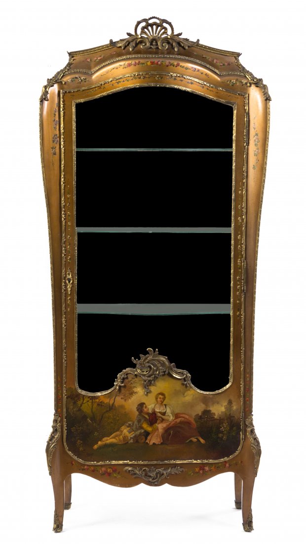 A Louis XV Style Gilt Metal Mounted Vernis Martin: A Louis XV Style Gilt Metal Mounted Vernis Martin Vitrine, having a domed, palmette mounted cornice over the single glazed door decorated with a courting couple, raised on cabriole legs. Height 68 x w
