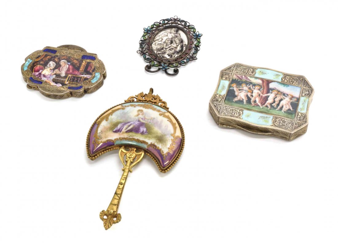 Two Continental Enameled Compacts, Width of widest 3: Two Continental Enameled Compacts, the first decorated with a courting couple, the second with a band of putti, together with a diminutive Sevres style porcelain mounted hand mirror and a silvered met