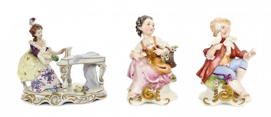 Two Capodimonte Porcelain Figures, Height of taller 4: Two Capodimonte Porcelain Figures, together with a German figural group with a female playing piano. Height of taller 4 3/4 inches. Property from the Estate of Edsel and Dolores Safron, Town and Count