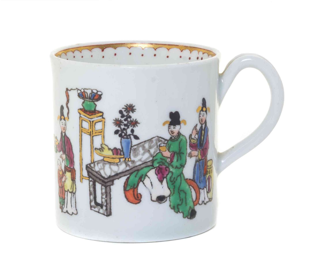A Worcester Chinoiserie Porcelain Mug, Height 2 1/4: A Worcester Chinoiserie Porcelain Mug, CIRCA 1765, painted to show figures within an interior, unmarked. Height 2 1/4 inches. Property from the Collection of Norman Lippitt, Calgary, Alberta