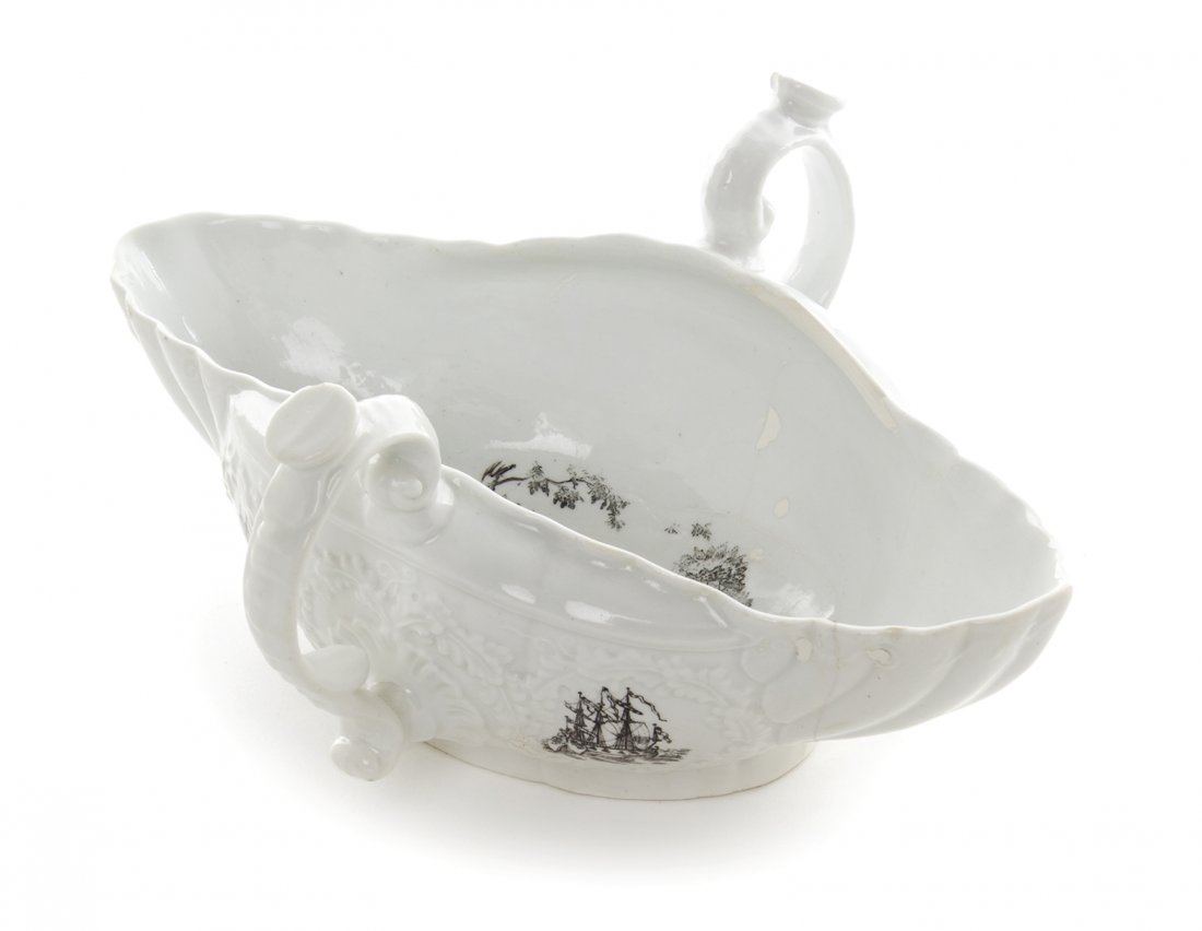 A Worcester Porcelain Twin-Handled Sauce Boat, Length: A Worcester Porcelain Twin-Handled Sauce Boat, CIRCA 1755, painted to show a Robert Hancock River scene. Length overall 7 1/2 inches. Property from the Collection of Norman Lippitt, Calgary, Alberta