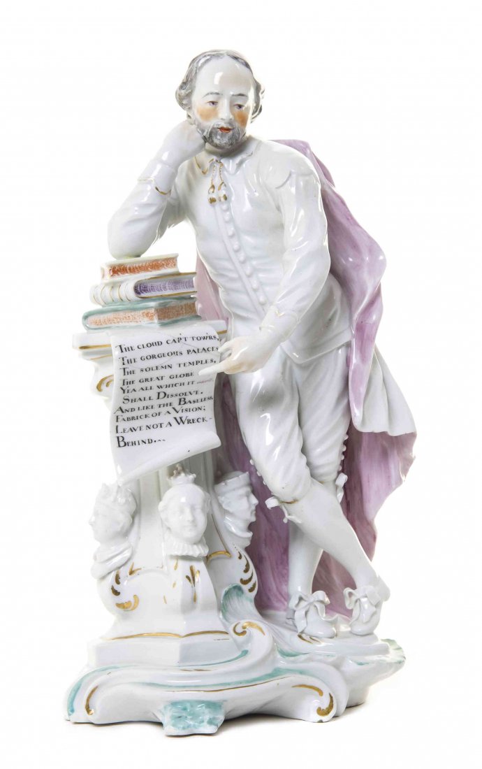 A Derby Polychrome Porcelain Figure, Height 12 inches.: A Derby Polychrome Porcelain Figure, CIRCA 1770, depicting Shakespeare leaning on a stack of books above a pedestal. Height 12 inches. Property from the Collection of Norman Lippitt, Calgary, Alberta