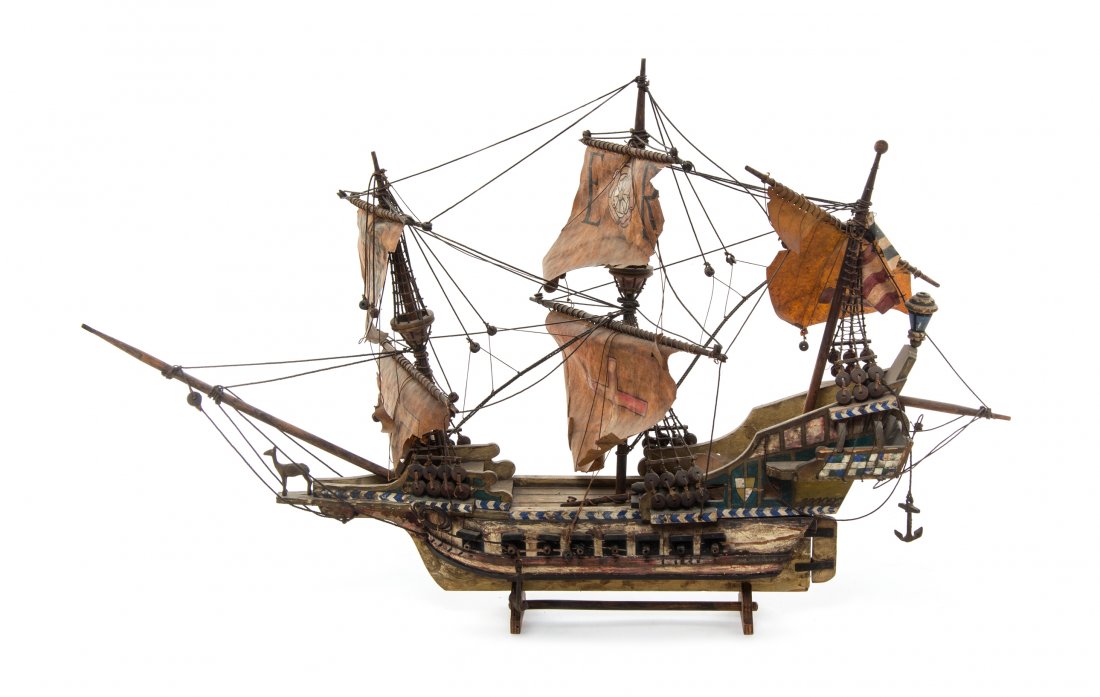 A Painted Model of a Three-Masted Ship, Height 20 1/2 x: A Painted Model of a Three-Masted Ship, with riggings and painted sails. Height 20 1/2 x width 34 inches. Property from the Estate of David and Sally Haase, Peoria, Illinois