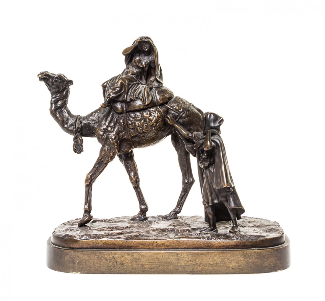 A Russian Bronze Figural Group, Height 7 1/2 x width 8: A Russian Bronze Figural Group, AFTER EVGENY LANCERAY (1875-1946), depicting a woman on the back of a camel with a man standing below her, signed in Cyrillic with Nikolai F. Shtange foundry mark. Heig