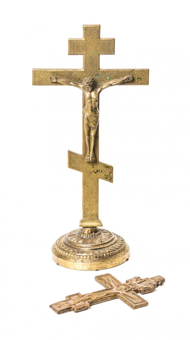 A Russian Bronze Crucifix Pendant, Height 6 1/2 inches.: A Russian Bronze Crucifix Pendant, together with a Russian altar cross. Height 6 1/2 inches. Property from the Collection of Jose-Mari Gabriel, M.D., Chicago, Illinois