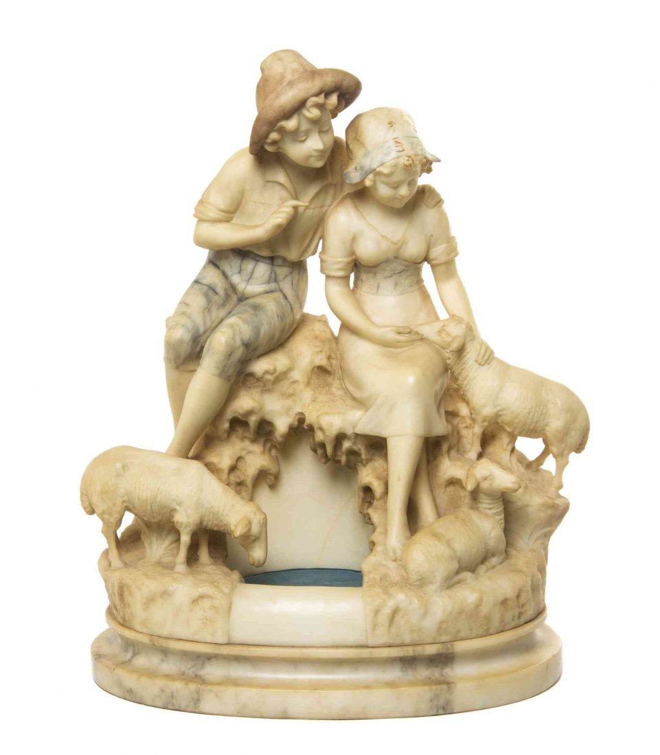 An Italian Alabaster Figural Lamp, Height 18 1/2: An Italian Alabaster Figural Lamp, depicting a youthful shepherd and shepherdess with sheep. Height 18 1/2 inches. Property from the Estate of Edsel and Dolores Safron, Town and Country, Missouri