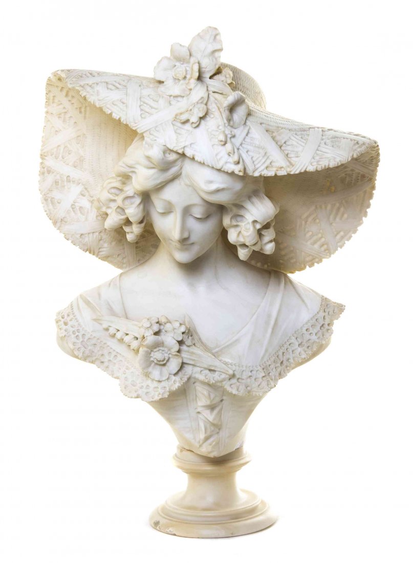 An Italian Alabaster Bust, Height of bust 29 inches.: An Italian Alabaster Bust, ADOLFO CIPRIANI (1880-1930), depicting a Victorian maiden in a hat, on a pedestal. Height of bust 29 inches. Property from the Estate of Edsel and Dolores Safron, Town and C