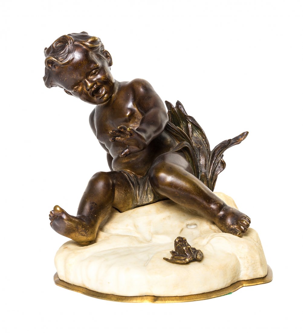 A Continental Bronze and Alabaster Figural Group,: A Continental Bronze and Alabaster Figural Group, depicting a putto with a frog. Height 9 1/2 inches. Property from the Estate of Edsel and Dolores Safron, Town and Country, Missouri