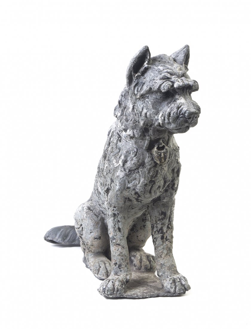 A Cast Zinc Figure of a Dog, Height 18 7/8 inches.: A Cast Zinc Figure of a Dog, depicting a seated terrier with a locket. Height 18 7/8 inches. Property from the Estate of Norman and Dorothy Holmes, Wilmette, Illinois