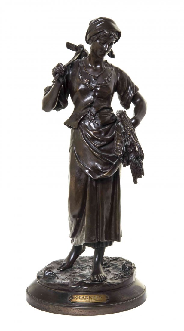 A French Bronze Figural Group, Height 26 1/2 inches.: A French Bronze Figural Group, EUGENE-ANTOINE AIZELIN (1821-1902), Glaneuse, depicting a woman at harvest, raised on a square marble pedestal. Height 26 1/2 inches.