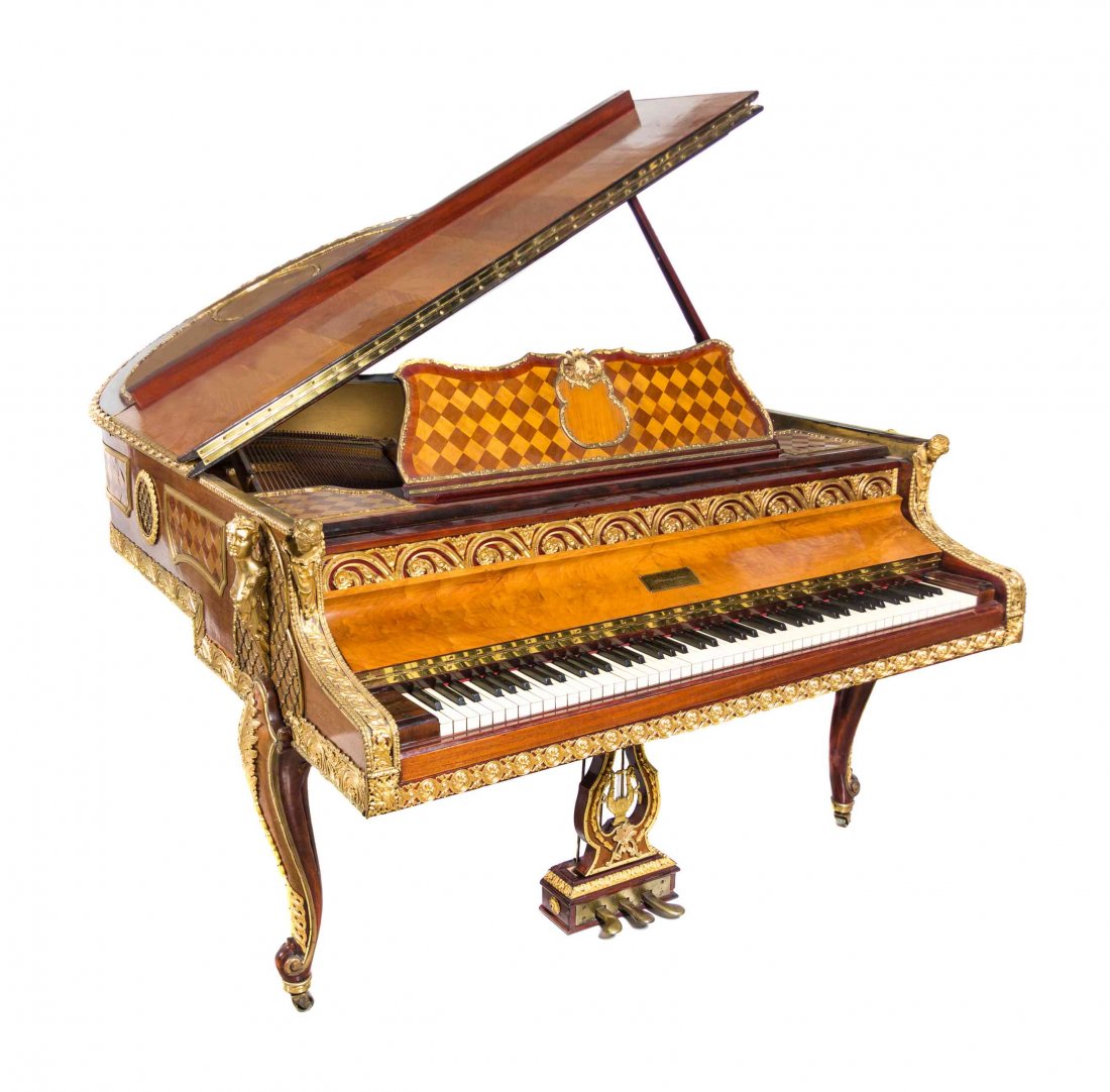 A Steinway & Sons Gilt Bronze Mounted Parquetry Parlor: A Steinway & Sons Gilt Bronze Mounted Parquetry Parlor Grand Piano, 1920-1925 WITH LATER ADDITIONS, serial number 211919, in a Louis XV/XVI transitional style case with scrolling mounts and female bus