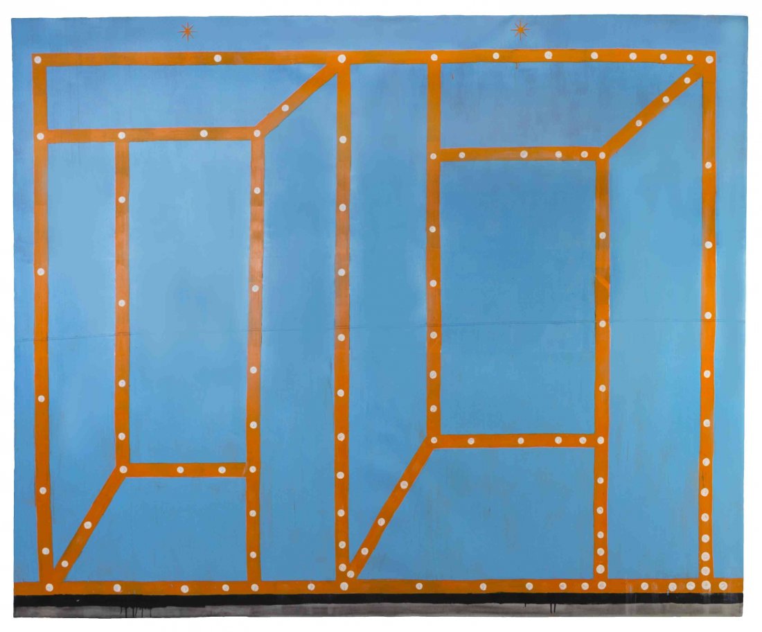 Chris Martin, (American, b. 1954), Double Orange Coney: Chris Martin (American, b. 1954) Double Orange Coney Island Vodou Painting, 1999-2000 oil on canvas initaled CM, titled and dated (verso) 118 x 143 inches. Property from the Fontainebleau Resort, Las