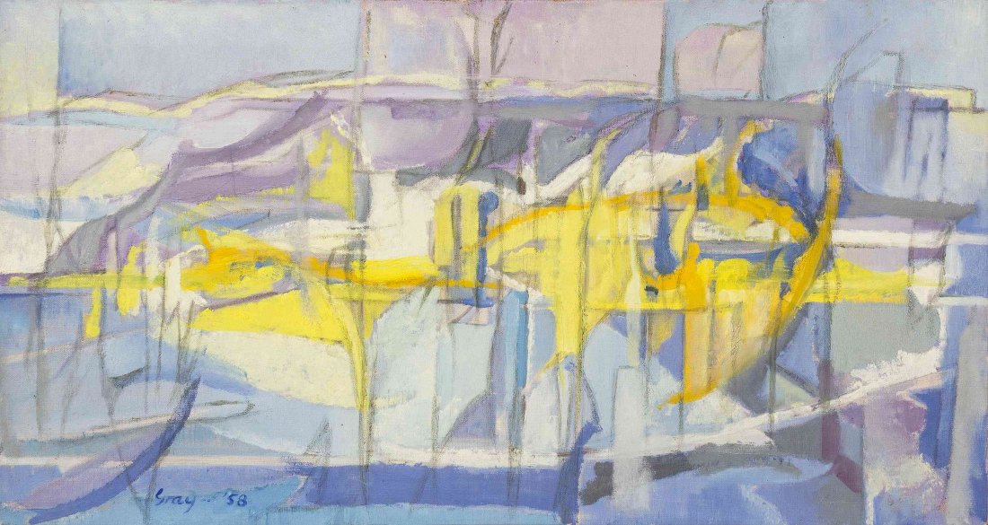 Cleve Gray, (American, 1918-2004), Hill Town, 1958: Cleve Gray (American, 1918-2004) Hill Town, 1958 oil on canvas signed Gray and dated (lower left); titled (verso) 18 x 33 7/8 inches. Provenance: Kraushaar Galleries, New York Jacques Seligmann Galler