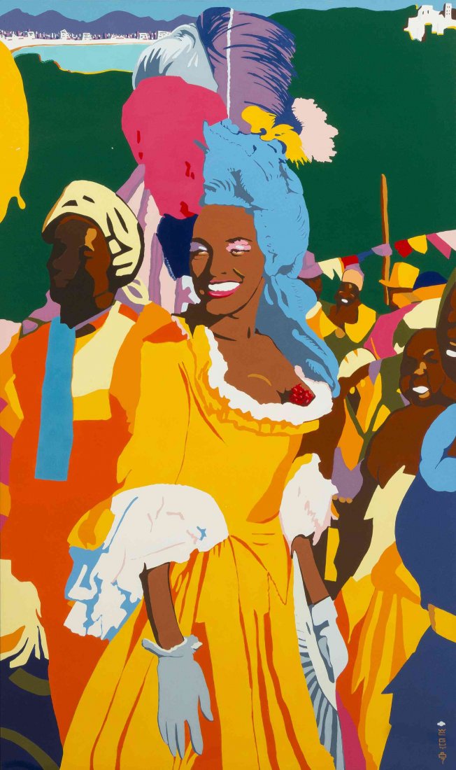 Christian Guy, (French, 1948-2006), Brazilian Fiesta,: Christian Guy (French, 1948-2006) Brazilian Fiesta, 1987 lacquer on panel signed WC Guy and dated (lower right) 43 1/2 x 25 1/2 inches.