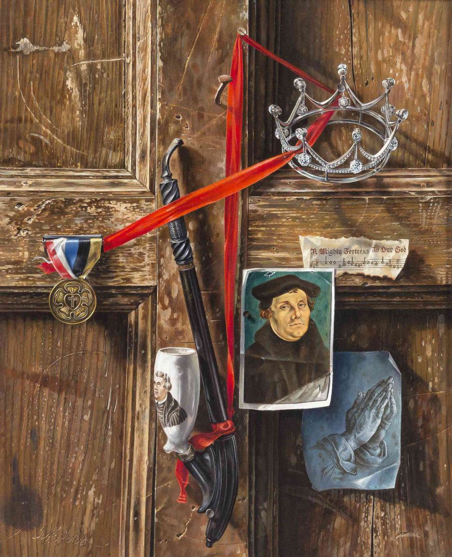 Aaron Bohrod, (American, 1907-1992), Luther: Aaron Bohrod (American, 1907-1992) Luther oil on board signed A. Bohrod (lower left) 19 1/4 x 15 1/4 inches. Provenance: Milwaukee Museum of Art, Milwaukee, Wisconsin Condition: 3 inch horizontal penc